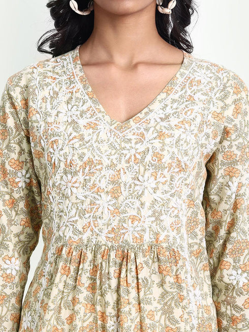 Hand embroidery Chikankari V Neck Anarkali Dress | Long Kurti in Cotton For Women